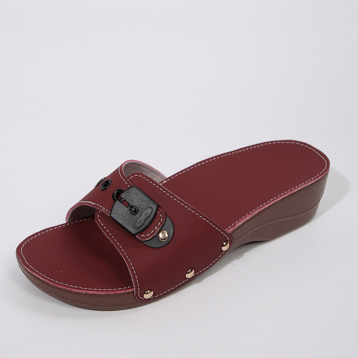 Studded Buckle Wedge Slides