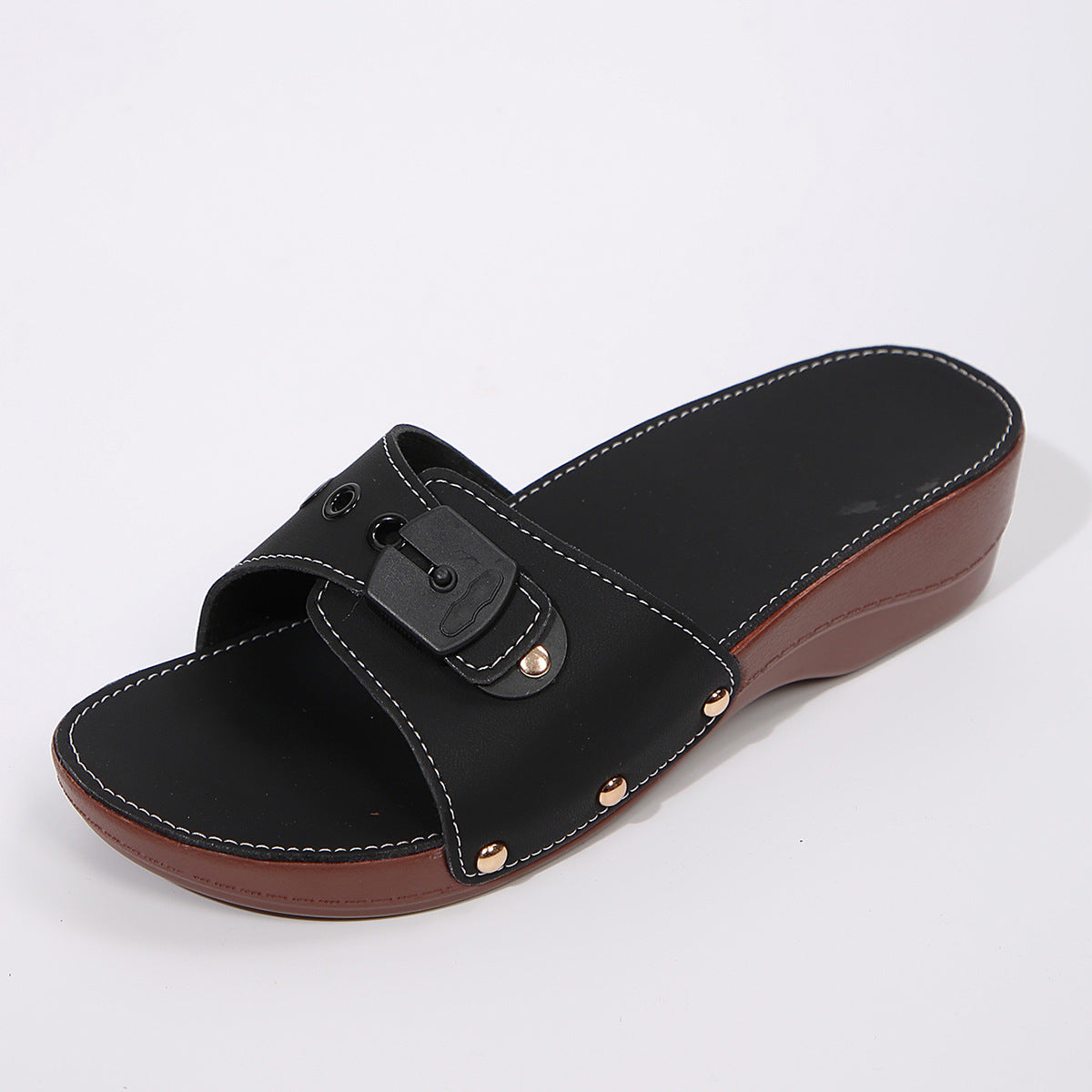 Studded Buckle Wedge Slides