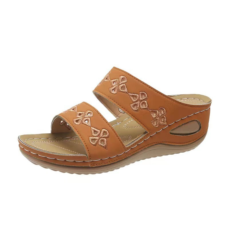 Embroidered Wedge Slide Sandals
