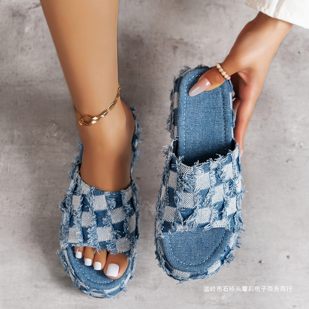 Denim Checkered Slide Sandals