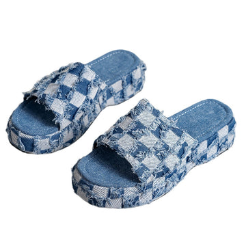 Denim Checkered Slide Sandals