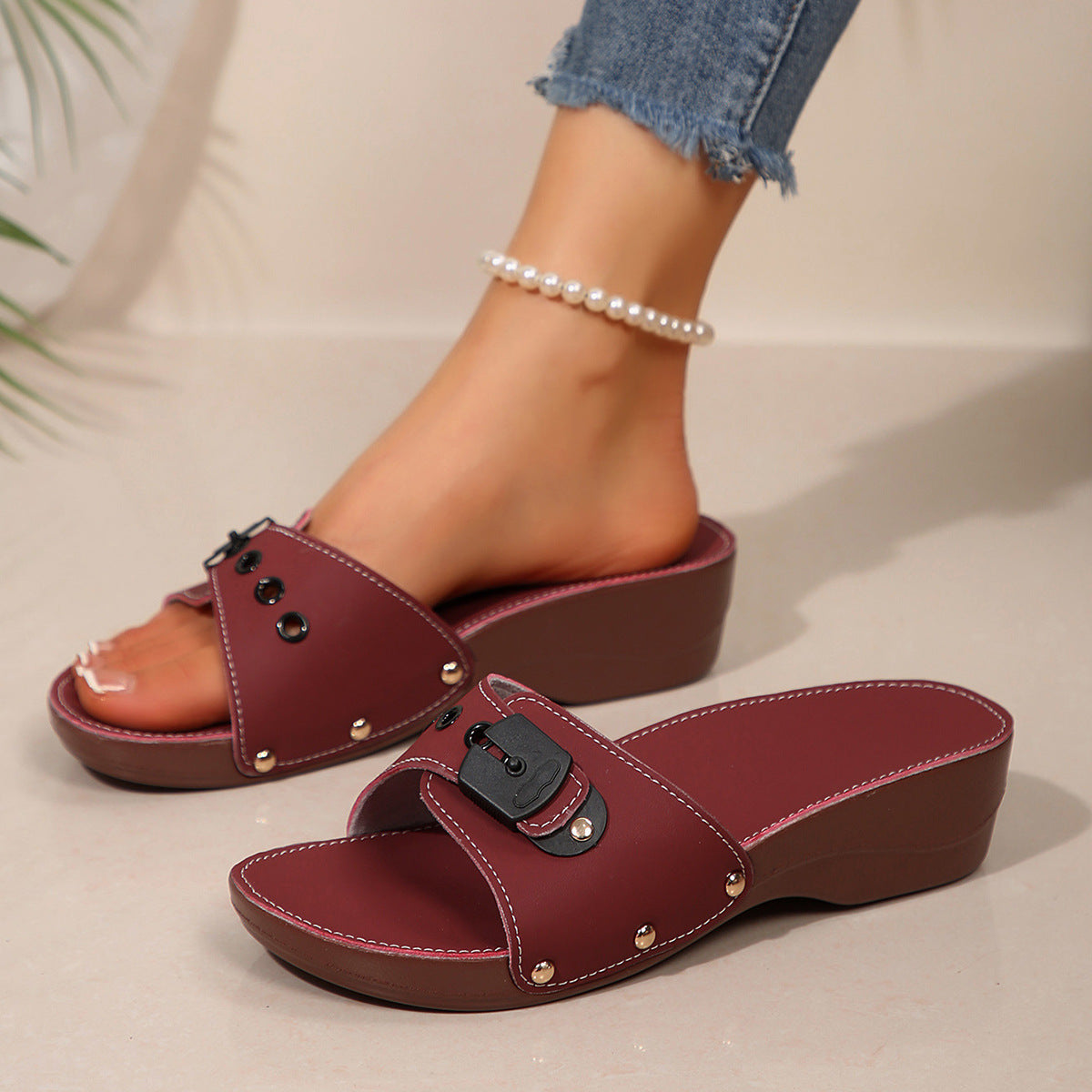 Studded Buckle Wedge Slides