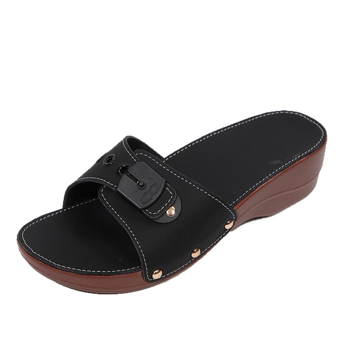 Studded Buckle Wedge Slides